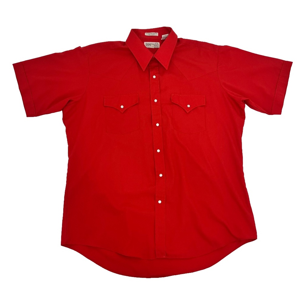 Sheplers Mens Sz 17 Button Up Shirt Red Pearl Snap Sawtooth Pocket Short Sleeve